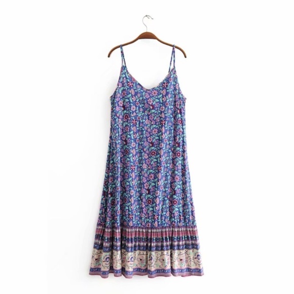 Boho Purple Floral Print Cami Midi Dress - Picture 2 of 3